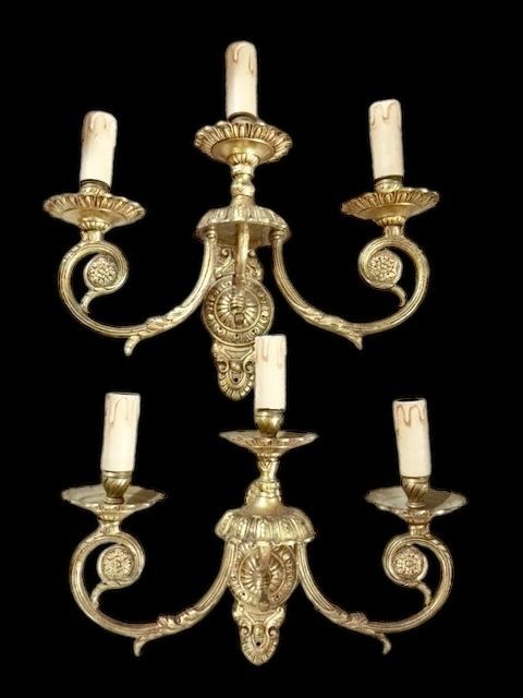 a pair of triple light brass french antique walllights