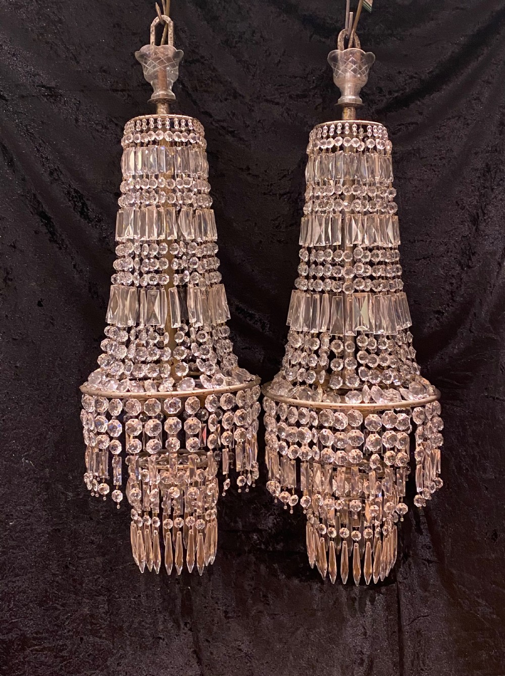 a pair of french tent and waterfall antique chandeliers