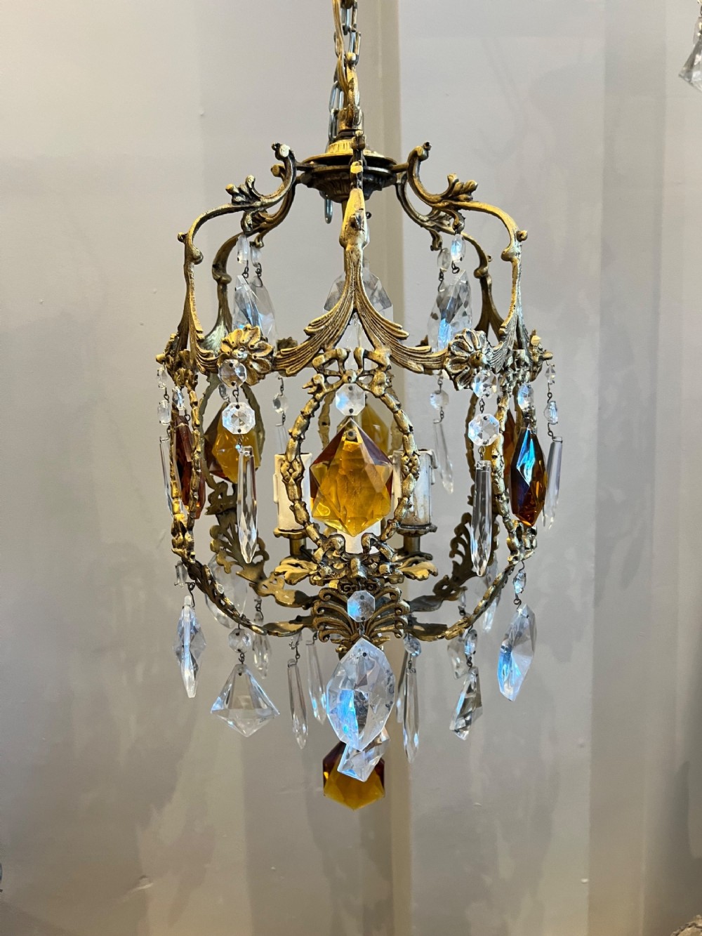 three french light antique cameo chandelier with amber crystals