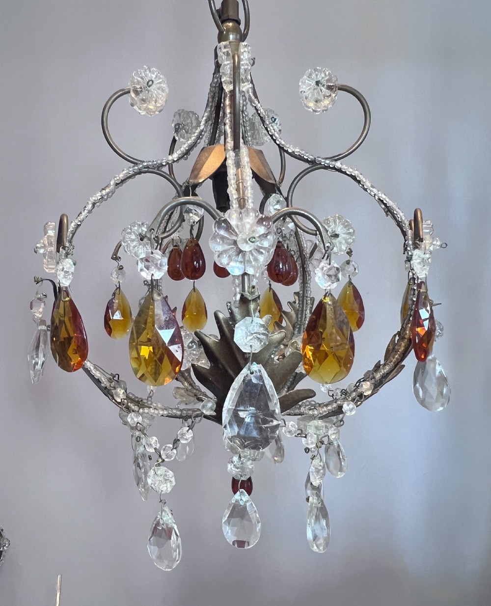 a one light italian beaded small chandelier with beaded frame and coloured glass