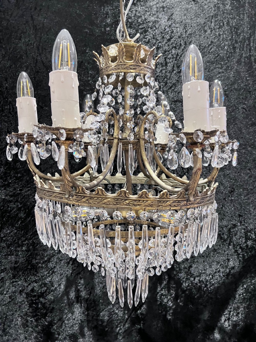 french nine light empire waterfall antique chandelier c1920's